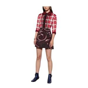 COACH 1941 Red Colorful Plaid Silk Ruffled Skater Mini Dress, Women's Size 4